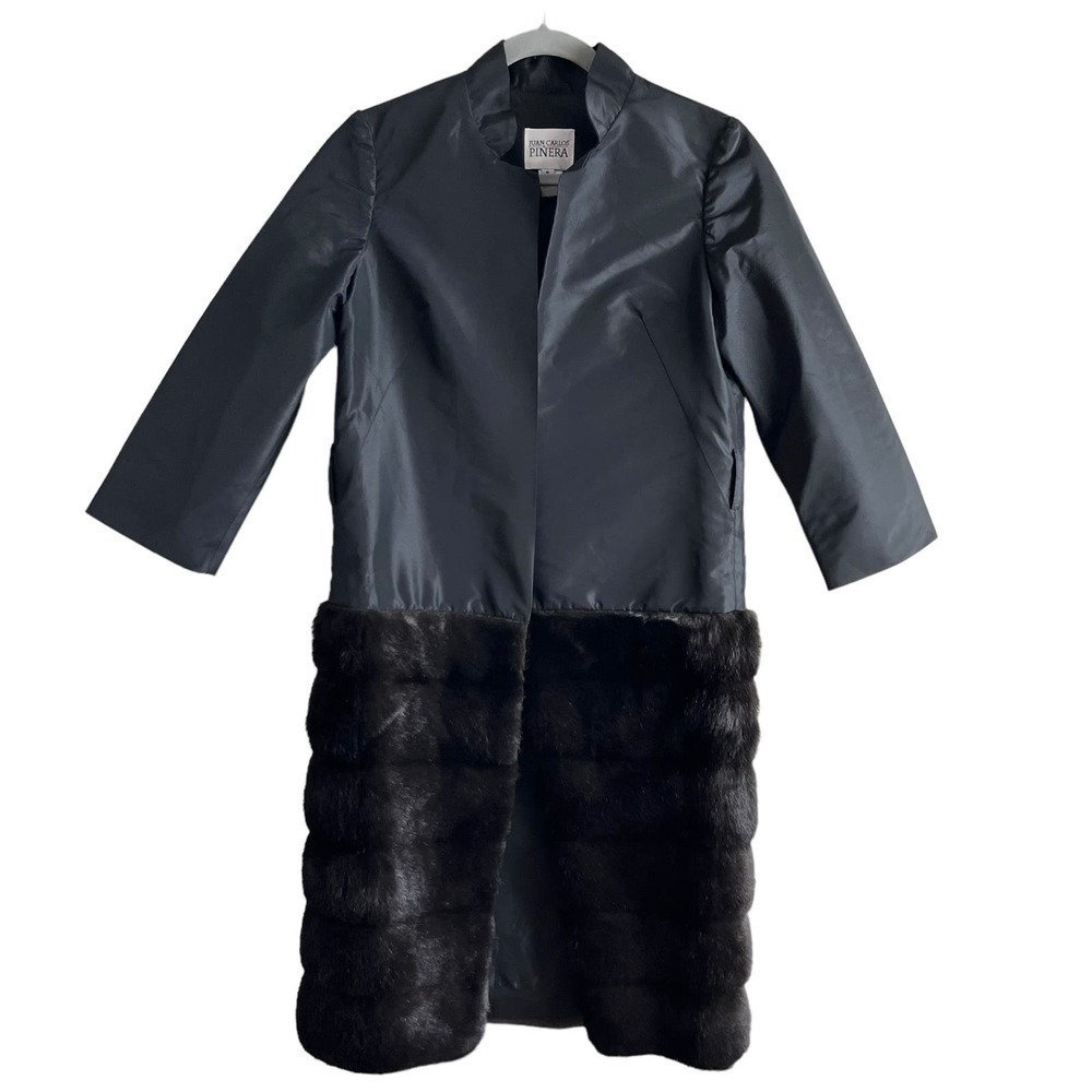 Juan Carlos Pinera 100% Silk & Faux-Fur Formal Evening Coat in Black, Small